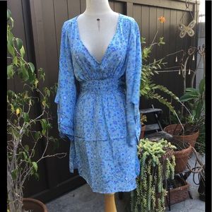 Blue Elastic Waist Short Boho Beach Dress